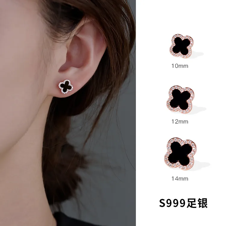足银耳饰 999纯银幸运四叶草耳钉女2025经典黑色耳环饰品时尚耳坠
