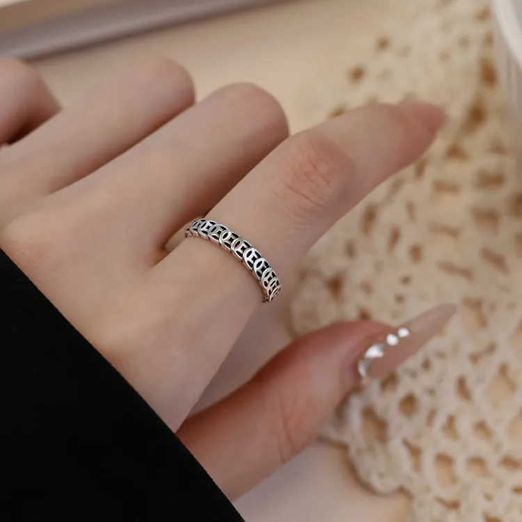 925银戒指 999足银铜钱戒指素圈2025新款爆款时尚925银尾戒首饰商品图