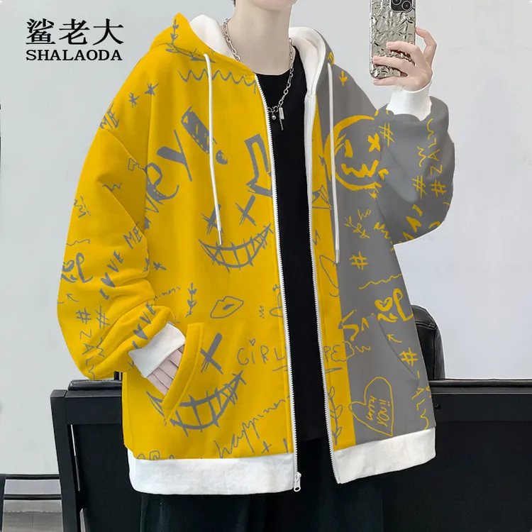 连帽卫衣男士涂鸦笑脸美式休闲2024新款开衫秋冬青少年帽衫外套