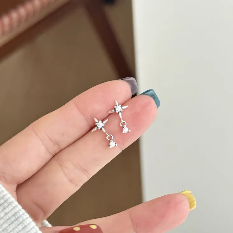 925银合成锆石耳饰 ins风时尚简约百搭女大小四芒星耳钉2#3714
