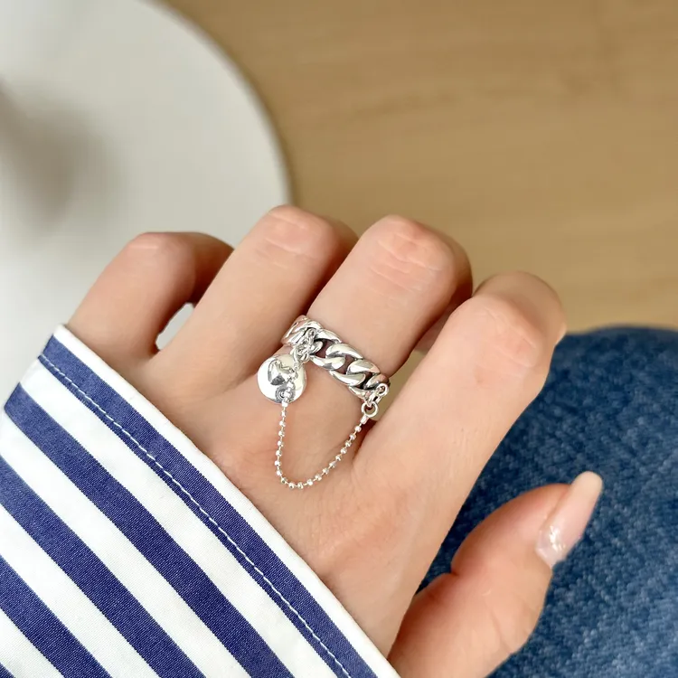 925银合成锆石戒指 ins风时尚简约链条桃心圆盘流苏戒指 3261