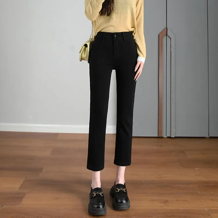 黑色直筒牛仔裤女2025年秋冬新款加绒百搭小个子九分高腰烟管裤女