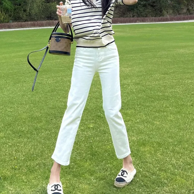 烟管高腰白色直筒九分宽松韩版2025年春夏牛仔裤女新款小个子显瘦