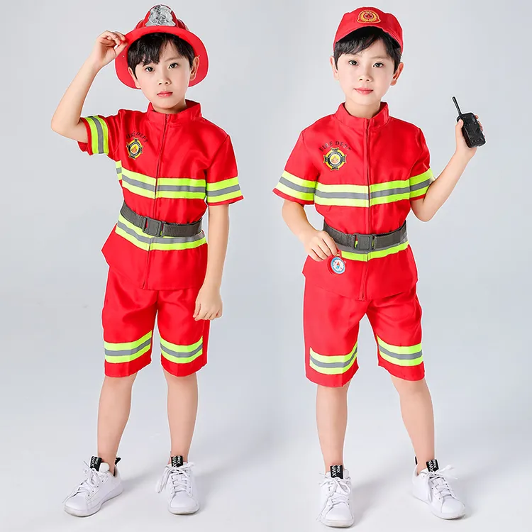 六一红色短袖儿童消防员服装幼儿园亲子角色扮演职业体验消防服演