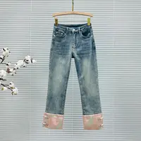 中式盘扣抓绒镶钻牛仔裤女2025年秋冬新款高腰宽松百搭九分直筒裤