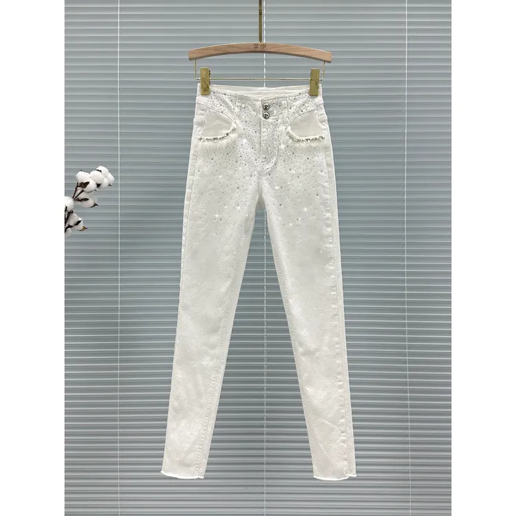 欧货薄绒铅笔牛仔裤女2025年春秋新款高腰修身百搭毛毛烫钻九分裤