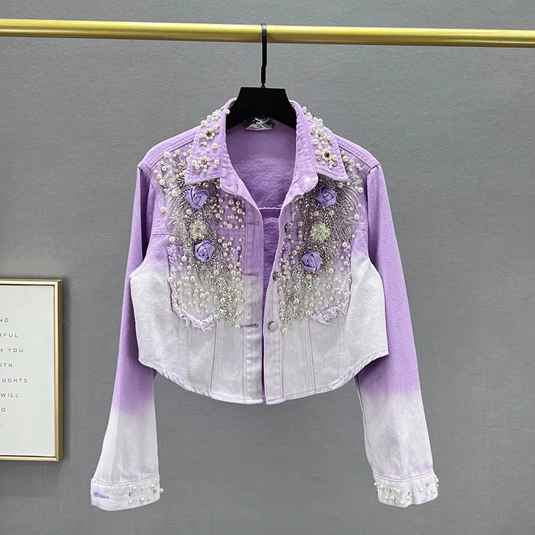 欧货短款牛仔外套女2025年新款春秋宽松显瘦重工钉珠镶钻夹克上衣