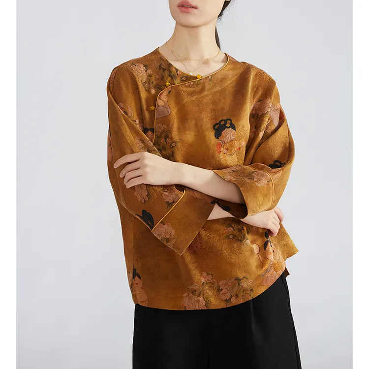 【宝藏衣橱上新】重磅真丝香云纱复古上衣女新中式桑蚕丝七分袖衬衫