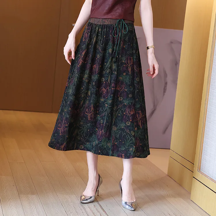 夏季碎花真丝香云纱显瘦半身裙桑蚕丝中老年妈妈中长款大摆女衬衣