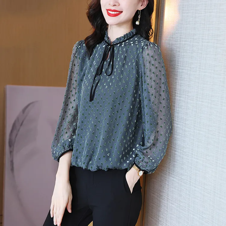 夏季烂花绡真丝丝绒上衣女士立领系带蝴蝶结短袖长袖桑蚕丝衬衫