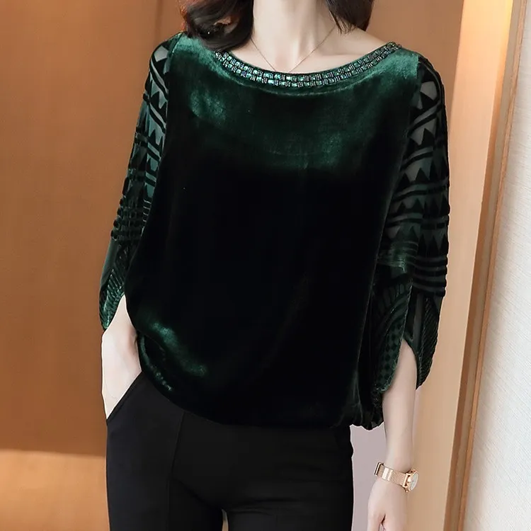 春秋新款镶钻一字领真丝丝绒上衣女蝙蝠袖宽松大码桑蚕丝t恤小衫