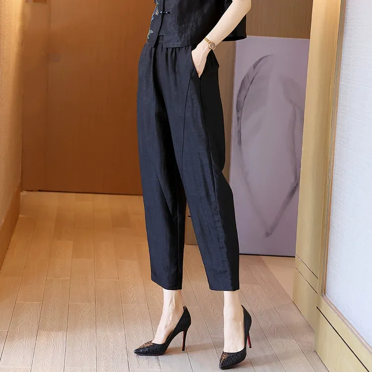 重磅龟裂纹香云纱真丝小脚裤女显瘦气质桑蚕丝黑色长裤哈伦休闲裤