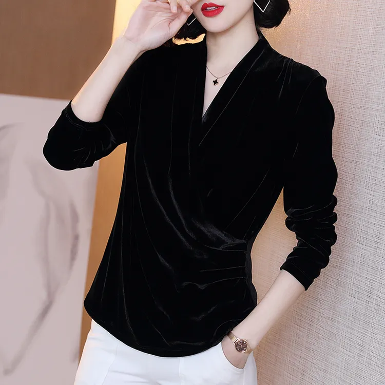 秋冬新款真丝丝绒上衣女士长袖金丝绒打底高级感裹胸桑蚕丝衬衣