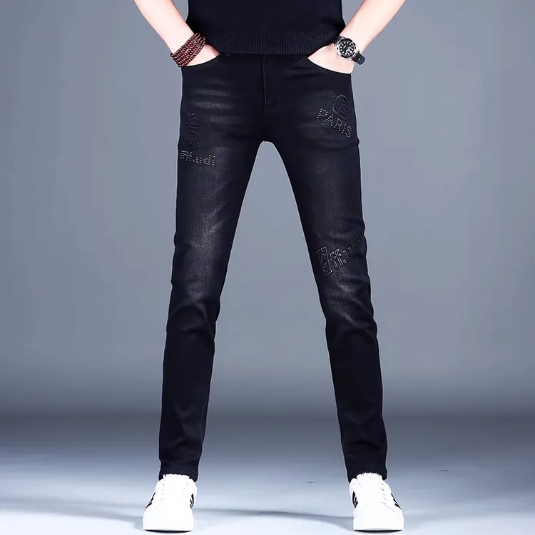 GS烫钻黑色牛仔裤秋冬男2024新款修身小脚弹力裤子男潮牌高端长裤