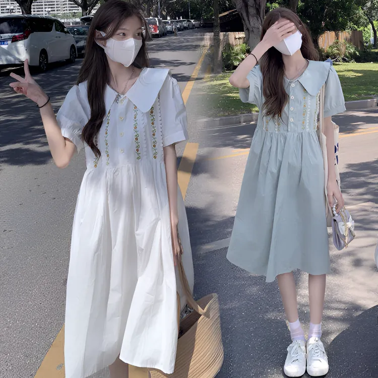 孕妇连衣裙夏装2024新款刺绣衬衫裙气质中长款小清新减龄时尚