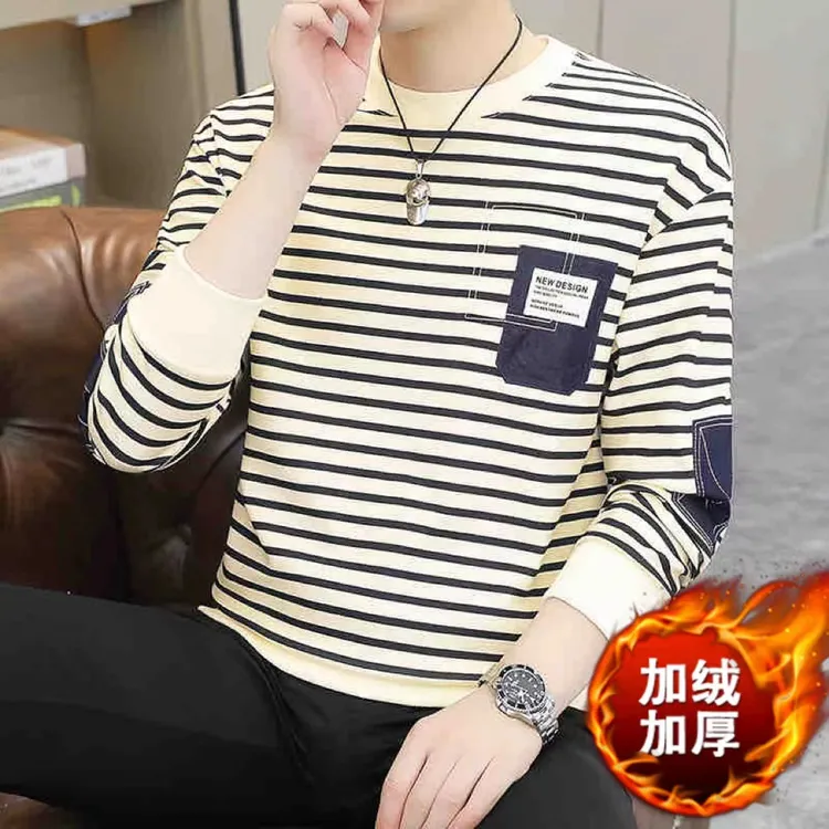 新款条纹卫衣男士潮流百搭圆领印花长袖T恤秋冬季加绒加厚打底衫