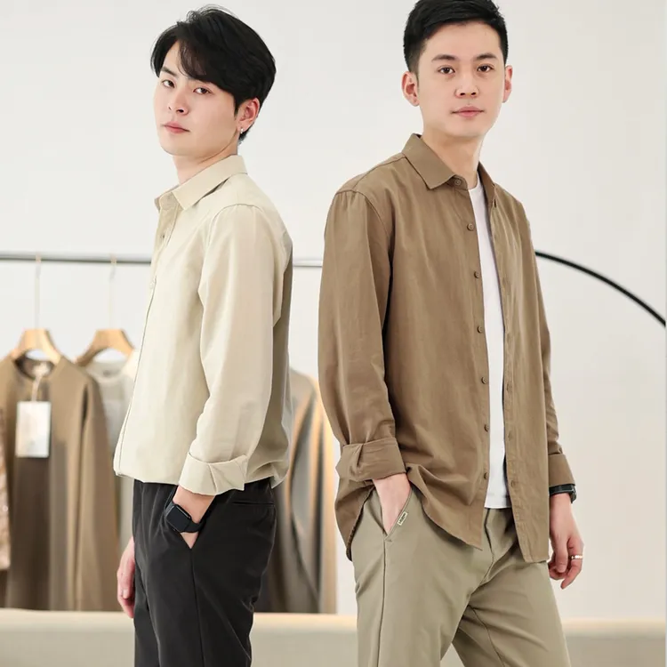 全哥莫兰迪春秋季长袖衬衫轻商务宽松翻领纯色时尚休闲男士衬衣