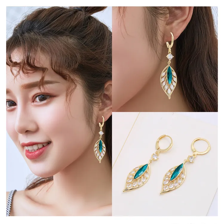 铜合金羽毛耳饰 金色闪耀锆羽毛耳扣轻奢高级感时尚新款耳环耳饰