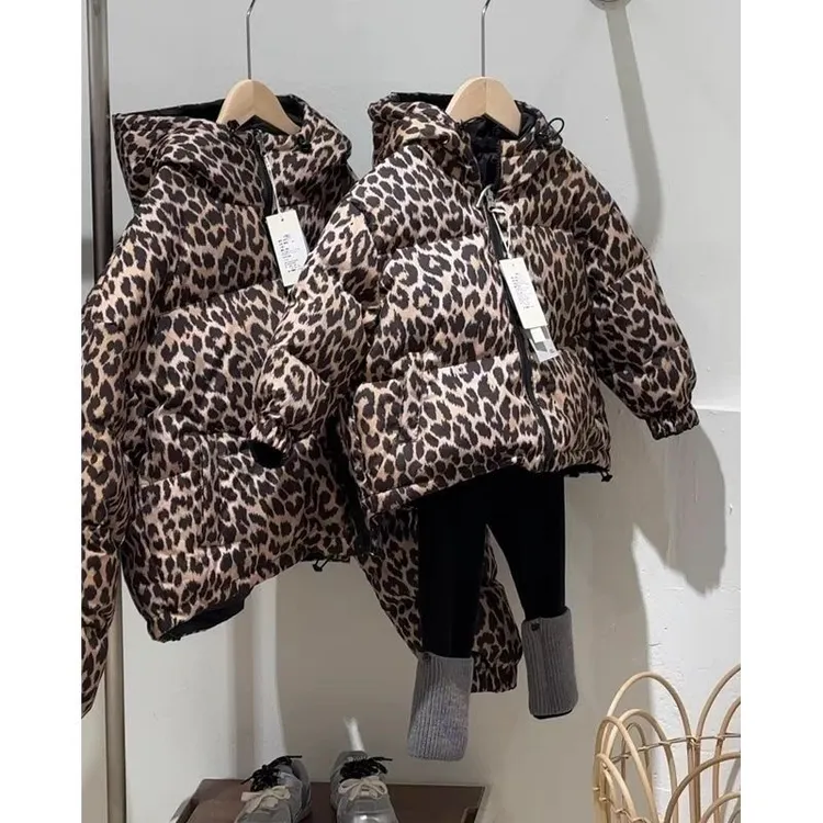 儿童两面豹纹棉服2024洋气女童亲子保暖连帽外套加厚棉服棉袄