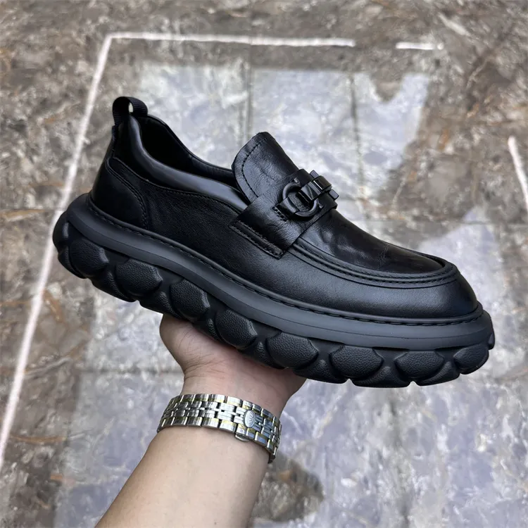 厚底豆豆鞋秋季新款男鞋头层牛皮增高休闲皮鞋男士套脚百搭乐福鞋