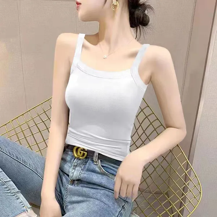 韩版纯色冰丝螺纹小吊带背心女内搭打底衫方领外穿无袖t恤上衣