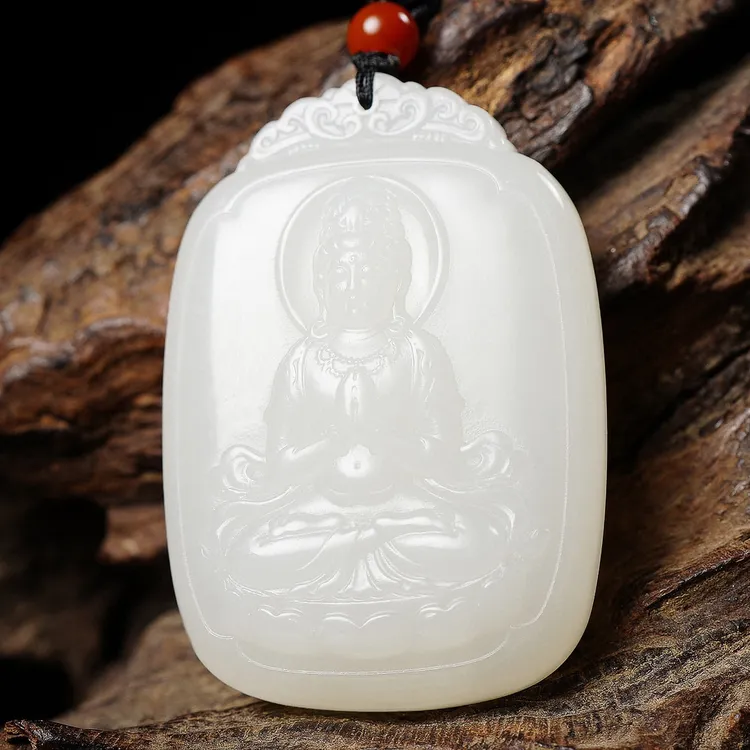 天然新疆和田玉羊脂坐观音吊坠男士雕刻白色观世音坠链精雕