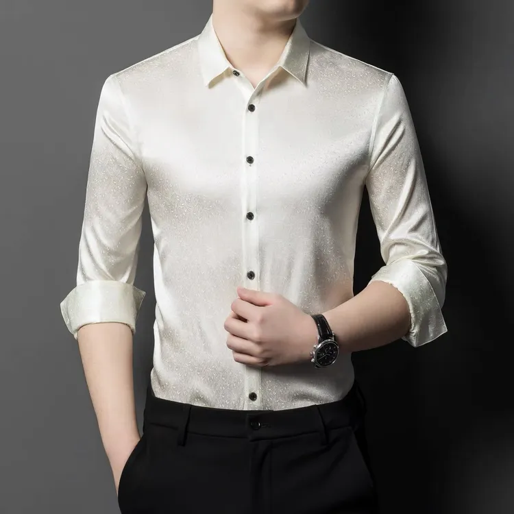 桑蚕丝-殿堂级重磅男士高端轻奢透气纯色长袖衬衫缎面3Ｄ长袖丝绸