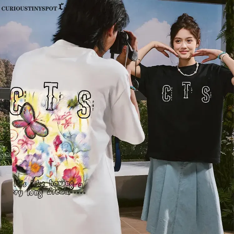 CURIOUSTINYSPOT新款蝴蝶花园发泡印花美式短袖T恤男女同款纯棉