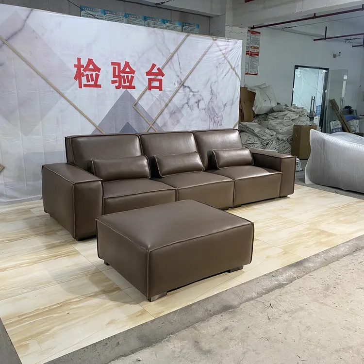 意式家用时尚创意休闲头层全牛皮半青皮高靠背高定豆腐块沙发A款