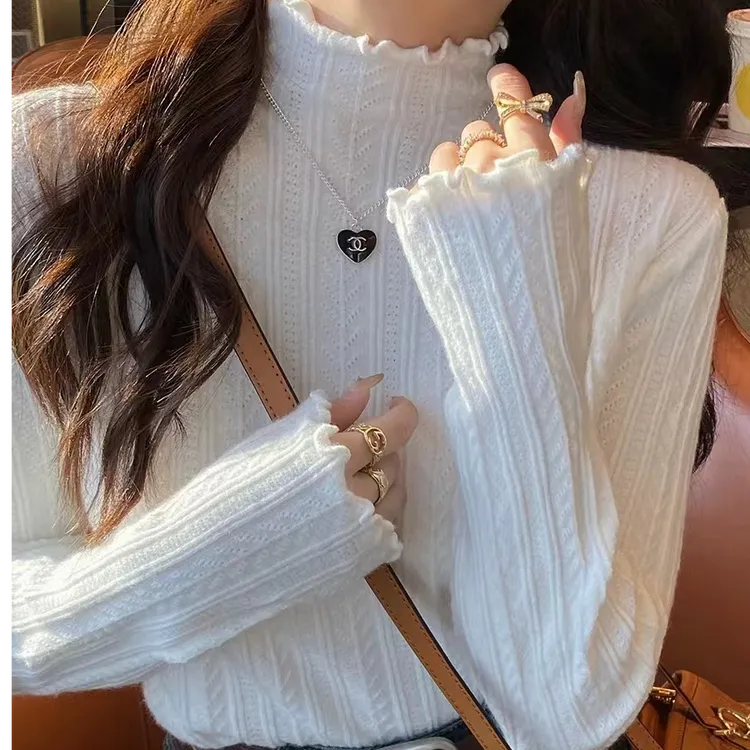秋冬新款半高领毛衣打底衫女内搭修身设计感木耳边针织衫花边内衣