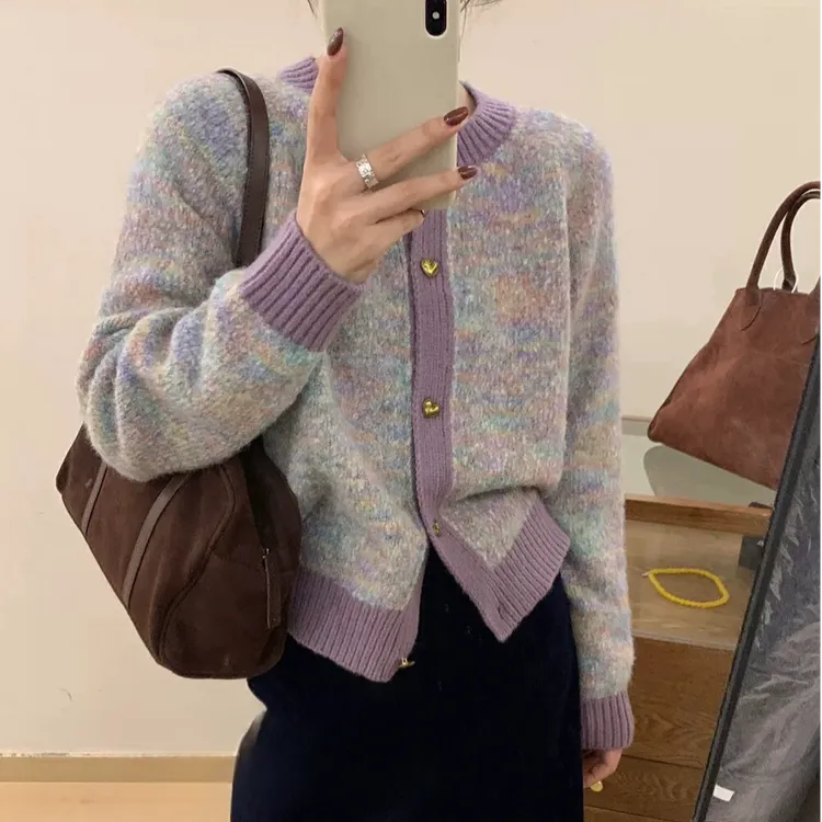 古早配色绝美小香风花纱紫色圆领开衫针织衫慵懒风宽松软糯外套厚