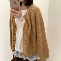 秋日氛围感黄桃花纱圆领针织开衫高级长袖针织衫双口袋新毛衣外套