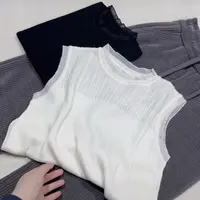 气质打底背心法式纯色花边领圆领蕾丝女背心打底宽松无袖上衣