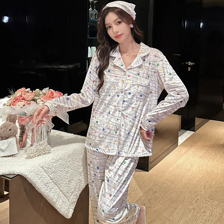 新款公主风彩色波点秋冬睡衣女金丝绒甜美开衫舒适家居服长袖套装