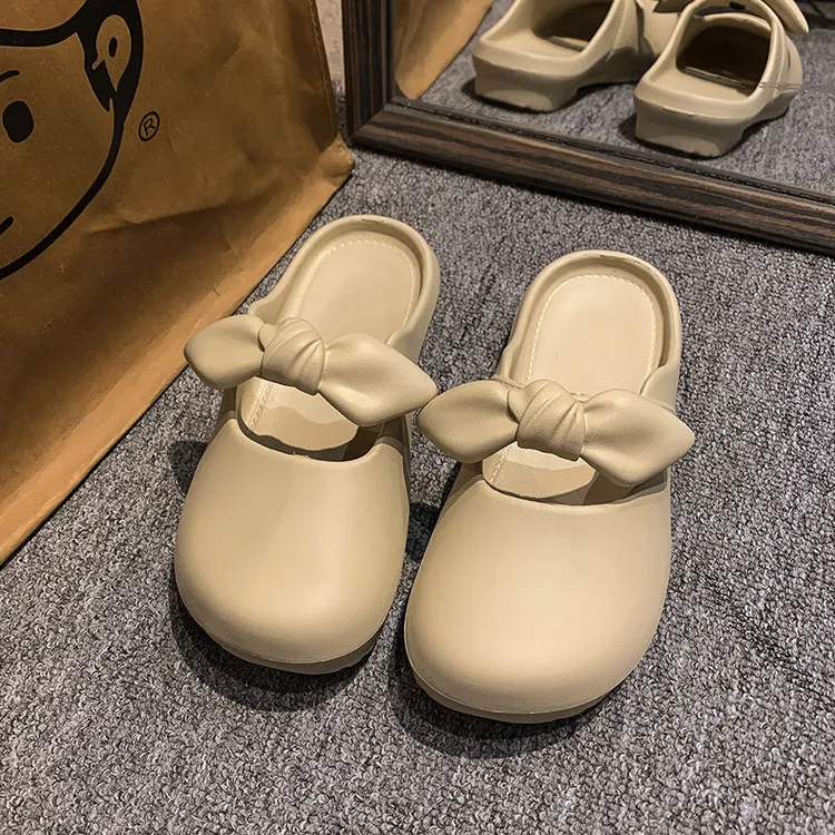 包头半拖鞋女外穿2024年春夏季新款百搭蝴蝶结软底懒人鞋平底凉拖