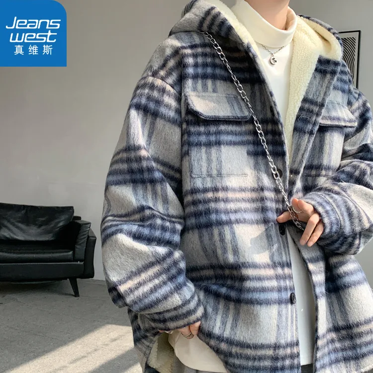 真维斯条纹毛呢小香风男美式痞帅高级感磨毛外套秋冬款加厚棉服