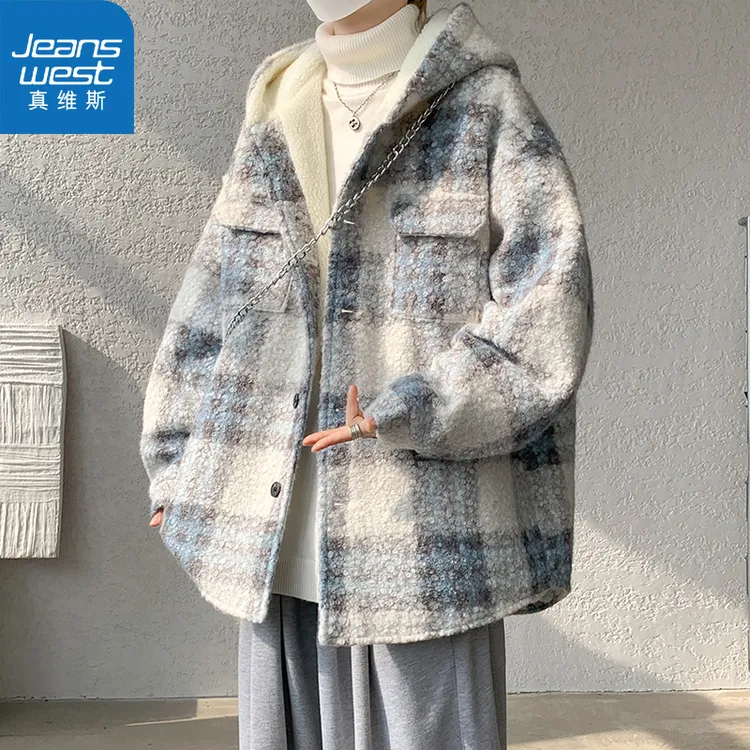 真维斯韩系条纹格子外套秋冬宽松时尚慵懒休闲男连帽加厚棉衣棉服