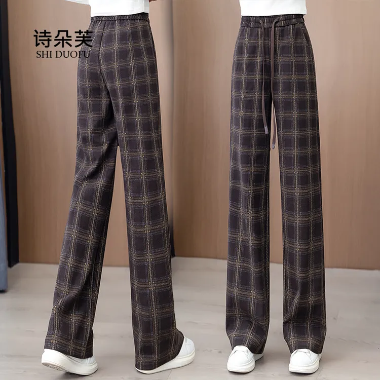 时尚格子阔腿裤女秋季2025新款复古松紧高腰垂感宽松休闲直筒裤子