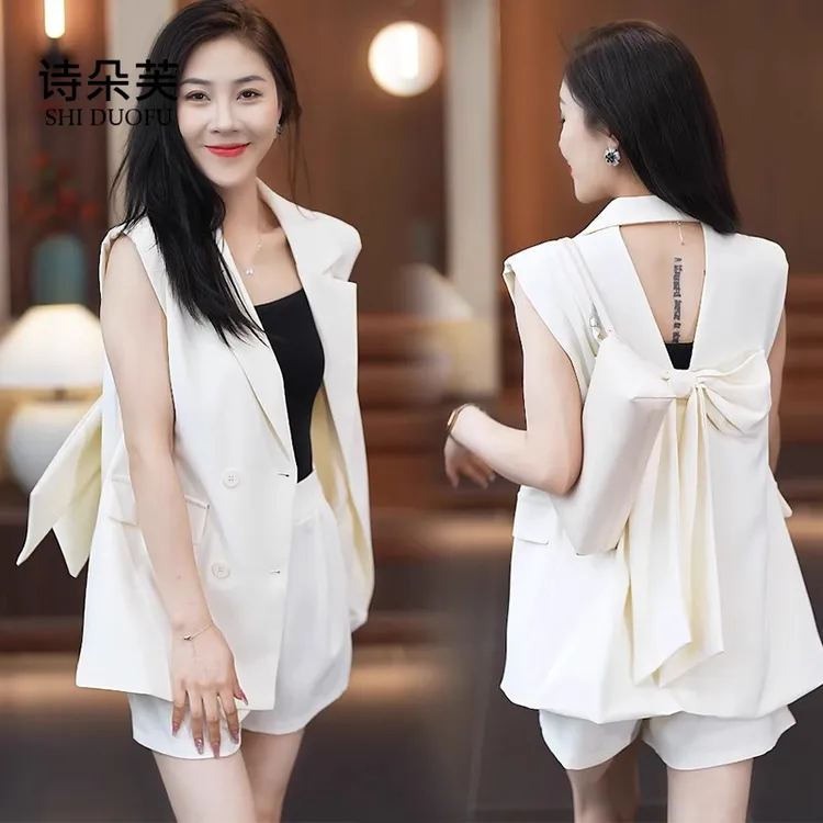 时尚西装套装女夏季新款洋气质显瘦宽松遮肉无袖西服短裤两件套潮