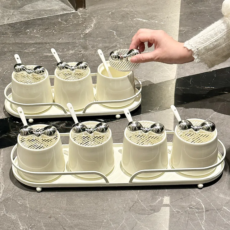 粤秀轻奢调料盒家用厨房味精盐罐新款蝴蝶结佐料调味品收纳盒套装