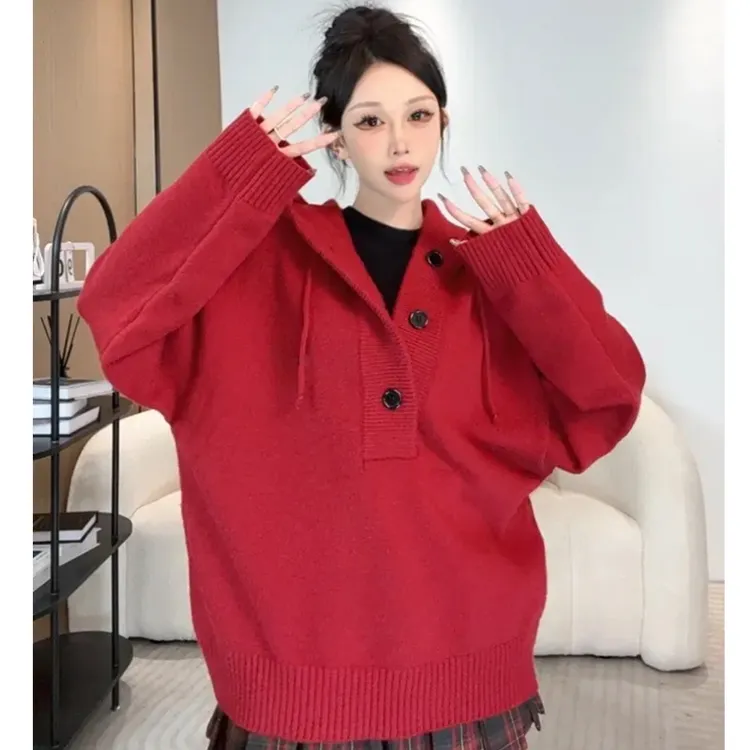 秋冬季连帽毛衣套头慵懒风红色针织衫秋冬季加厚宽松百搭外穿洋气