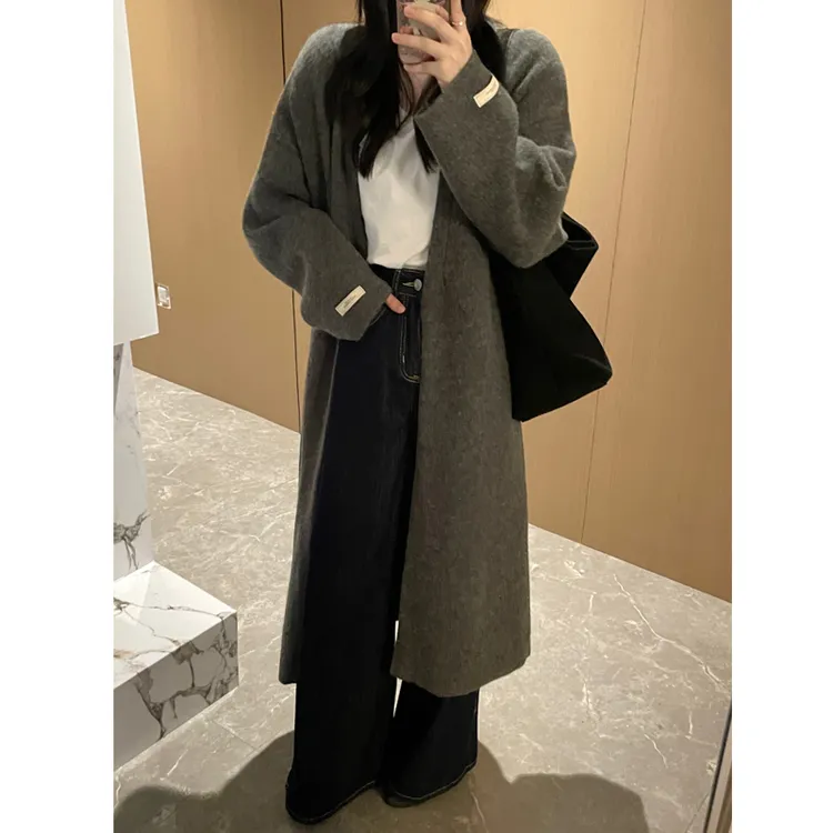 针织大衣长款毛衣外套长袖开衫春秋季新款宽松气质百搭设计感加厚