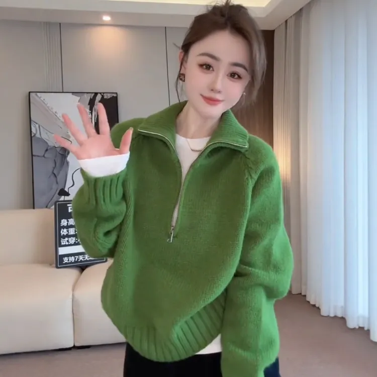 半拉链套头慵懒风秋冬毛衣女款2024新款冬季宽松高领针织衫上衣女