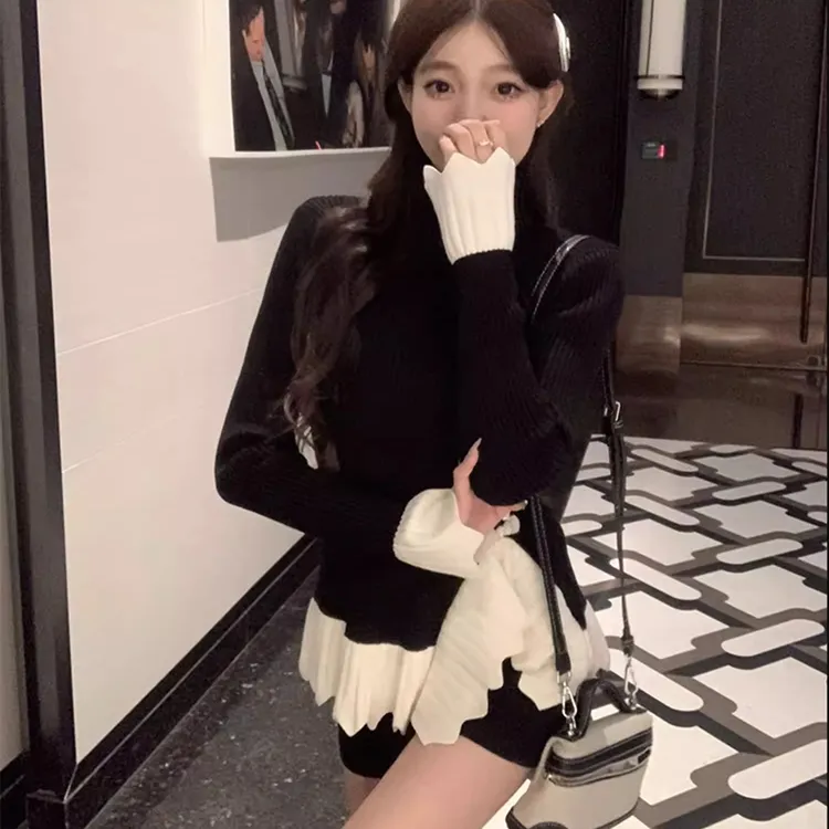 ZB#盘扣针织衫女秋冬季韩版小香风荷叶边上衣打底衫内搭高领毛衣