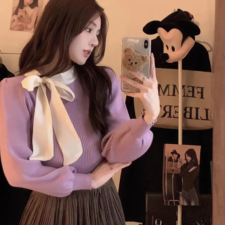 秋冬季法式设计感蝴蝶结针织衫毛衣女系带韩版温柔打底衫长袖上衣