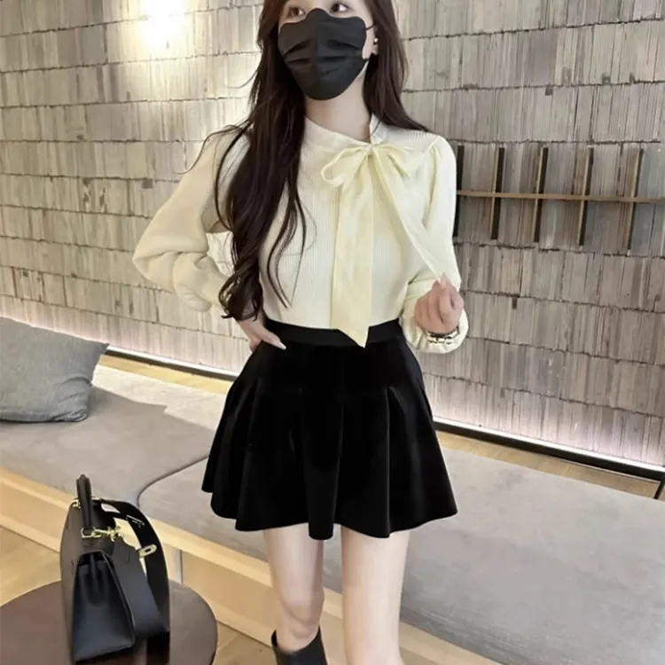 秋冬季新款别致高级感气质温柔风长袖蝴蝶结修身时尚打底衫上衣女