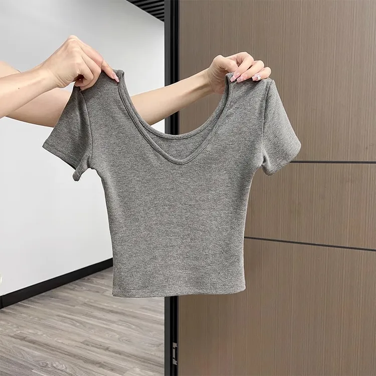 小婉薇  春夏新款打底可外穿U型领收腰短上衣修身显瘦甜妹短袖女