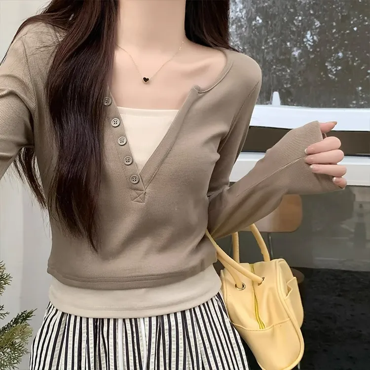 【现货】假两件撞色长袖T恤女秋冬季设计感修身短款上衣显瘦