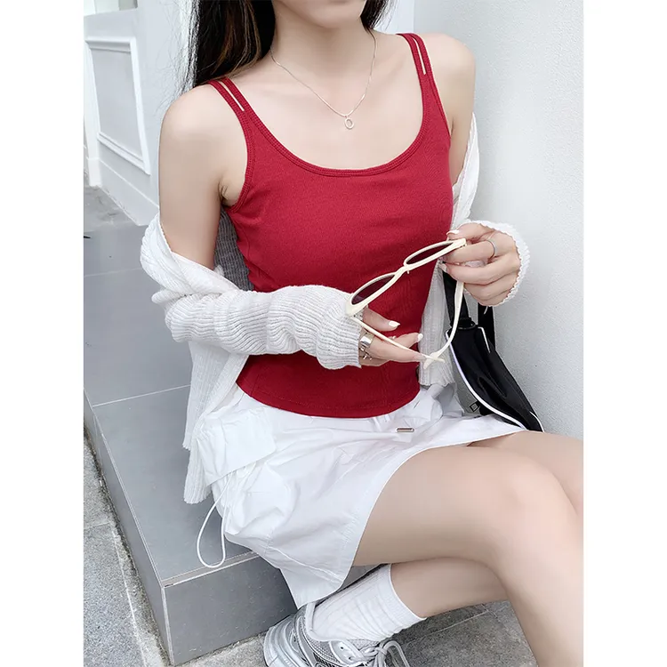 小婉薇 黄色带胸垫双肩带吊带夏季外穿背心女文胸一体遮副乳上衣