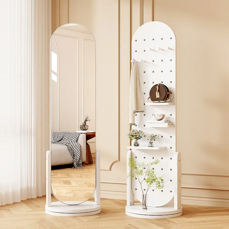 洞洞板穿衣镜挂衣架一体旋转镜子落地立体多功能衣帽架全身试衣镜